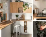 Nowoczesny projekt kuchni gastronomicznej z drewnianymi elementami, funkcjonalnymi półkami i praktycznym systemem przechowywania garnków.