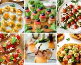 Idealne przekąski na ognisko: mini tartinki z łososiem, szaszłyki z arbuza i ogórka, caprese na patyku, bruschetty, melon z mozzarellą i szynką, quesadillas.