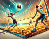 Dynamiczny ostatni serw w siatkówce na plaży. Piłka leci w stronę przeciwnika, a zawodnicy gotowi do akcji.