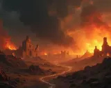 Ruiny miast płoną w ogniu, niebo zasnute dymem. Scena przypomina biblijną Sodomę i Gomorę, zniszczone przez gniew Boży.