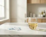 Na blacie leżą tabletki w blistrach, obok kieliszek białego wina. Amotaks i alkohol – niebezpieczne połączenie.