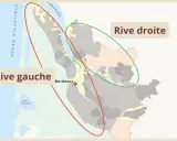 Carte des vignobles de Bordeaux, délimitant la rive gauche (rouge) et la rive droite (verte), avec l'océan Atlantique et le bassin d'Arcachon.
