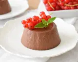 Panna cotta czekoladowa z czerwonymi porzeczkami i miętą na białym talerzyku.