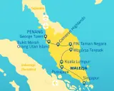 Mapa pokazuje trasę podróży przez Malezję, od Tajlandii po Singapur. Widać Penang, Kuala Lumpur i gdzie leży Singapur.