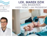 Lekarz wykonuje usg bioderek niemowlęcia. Dowiedz się, kiedy robić to badanie i jak przebiega.