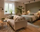 Przytulny salon z sypialnią. Jasna kanapa, okrągły stolik kawowy i duże łóżko tworzą idealne miejsce do relaksu.