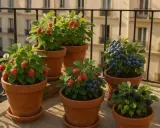 Un balcon parisien orné de framboisiers en pot, de fraises, myrtilles et groseilles, promettant une récolte gourmande.
