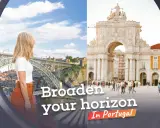 Frauen blicken auf die Brücke in Porto und den Triumphbogen in Lissabon. Entdecke Portugal!