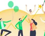 Teamwork en succes: een groep mensen viert successen met ballonnen, sterren en een vlag. De **karakter methode** wordt hier visueel weergegeven.