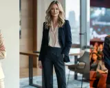 Three women exude confidence in stylish power dressing for women. One stands in a tan suit, another in a navy blazer, and the third in a navy suit addressing an audience.