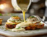 Un filet de sauce hollandaise onctueuse nappe des œufs pochés sur du pain grillé, un délice matinal.