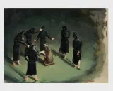 A group of figures in black robes gather around a taxidermied beaver in this unsettling painting by Michael Borremans.
