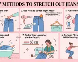 7 methods to stretch out jeans: wet them, use heat, stuff them, wear them in the tub, tailor them, or do physical stretches.