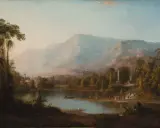 A lush landscape painting, reminiscent of Hudson River School american art movements, features a serene lake with boats, a waterfall, and distant mountains.
