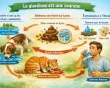 Schéma expliquant la transmission de la giardiose : des animaux excrètent des kystes dans leurs selles, contaminant l'eau et la nourriture, menant à l'infection humaine.