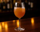 Ett glas med gyllene sangria vit står på en polerad träyta. Bakgrunden är mörk med suddiga flaskor.