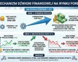 Mechanizm dźwigni finansowej 1:30 na Forex. 1000 USD depozytu pozwala kontrolować pozycję 30 000 USD. Zysk/strata 1% to 300 USD, czyli 30% depozytu.