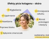 Uśmiechnięta kobieta, której skóra zyskuje na jędrności, nawilżeniu i blasku dzięki kolagenowi. Zmniejsza cellulit i spłyca zmarszczki.