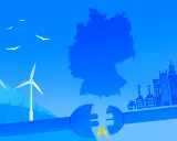 Deutschland setzt auf erneuerbare Energien. Windkraftanlagen drehen sich vor einer Silhouette von Deutschland, während eine Stadt im Hintergrund wächst.