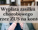 Kobieta z chusteczką w ręku, na kanapie, z tekstem o wypłacie zasiłku chorobowego przez ZUS.