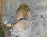 A woman with her back to the viewer, her hair in a bun, is captured in the soft, light-filled style of impressionist paintings.