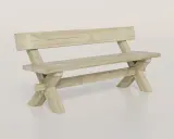 En robust träbänk med ryggstöd, perfekt för trädgården eller uteplatsen.