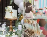 Un pastel de comunión y un buffet chuches para comuniones con dulces, galletas y globos.