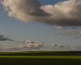 Zachód słońca nad zielonym polem, rzucającym długi cień. Chmury na niebie tworzą ciekawe fotografie.