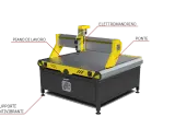 Macchina CNC con elettromandrino, piano di lavoro, ponte e supporti antivibranti, pronta per la lavorazione dei materiali.