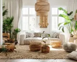 Un salon boheme nature, avec un canapé blanc, beaucoup de plantes vertes, des paniers en rotin et une suspension en osier.