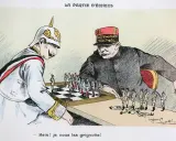 Karikatur zum Ersten Weltkrieg: Deutsche und französische Soldaten als Schachfiguren. Frankreich gewinnt.