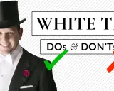 Man in a tuxedo and top hat, with a white bow tie, demonstrating how to wear a white tie with "Dos & Don'ts" text.