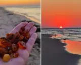 Dłoń pełna bursztynu na tle zachodzącego słońca nad morzem. Widać, jak wygląda bursztyn na plaży – ciepłe, miodowe kamienie.