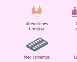 Ilustraciones de causas comunes de retraso regla: deporte, tiroides, peso, estrés, medicamentos y lactancia.