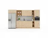 Cuisine 8m2 moderne avec réfrigérateur argenté, placards en bois clair, évier noir et four intégré.