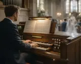 Mężczyzna gra na organach w kościele podczas ślubu. W tle para młoda i goście. Ile bierze organista za ślub?