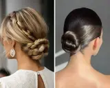 Dos peinados recogidos elegantes para una noche especial: uno trenzado rubio y otro pulido oscuro.