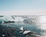 Lodowe bryły lśnią na czarnym piasku, tworząc magiczny diamond beach. Fale obmywają brzeg, a słońce odbija się w wodzie.
