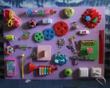 Lavagna sensoriale fai da te con scarpa, ingranaggi, campanello, lucchetto e altri elementi per stimolare i bambini. Perfetta per giochi montessori 2 anni fai da te.