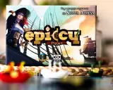 Mali epiccy wikingowie, a właściwie piraci, na okładce gry planszowej "Epiccy Piraci". W tle żaglowiec i morska przygoda.