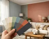 En hand håller upp en färgpalett med nyanser av beige, grönt, blått och terrakotta. En inbjudande inredning med soffa och bord syns i bakgrunden.