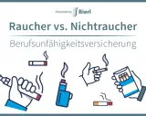 Raucher vs. Nichtraucher: Berufsunfähigkeitsversicherung. Illustrationen von Zigaretten, E-Zigaretten und Feuerzeugen.
