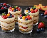 Quatre verrines de dessert minute sans cuisson, garnies de fruits rouges frais et de crème onctueuse.