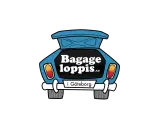 Blå bil med öppen baklucka där det står "Bagage loppis.se i Göteborg". En rolig logotyp för en loppis i Slottsskogen.