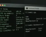 Jak sprawdzić ilość rdzeni procesora? Na ekranie widać terminal z komendami `lscpu` i `wmic cpu`, które pokazują szczegóły procesora, w tym liczbę rdzeni.
