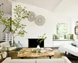 Ideas para decorar ramas secas: una rama verde decora el salón moderno con chimenea, mesa de madera y sillones.