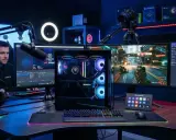 Un setup de streaming avec PC gamer puissant, plusieurs écrans, micro, caméra et Stream Deck. La configuration minimum PC streaming est prête pour l'action.