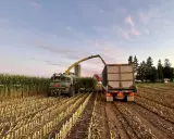 A forage harvester fills a trailer with bmr corn silage at sunset. The field is harvested, leaving stubble.
