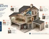 Illustration d'une maison des années 70 coupée en deux, montrant où l'amiante peut se cacher : toiture, sols, conduits, plafonds, réseaux et garage. Repérage amiante avant travaux.