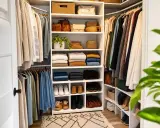 Un dressing bien organisé pour construire un meuble de rangement parfait. Vêtements, sacs et chaussures rangés sur des étagères.